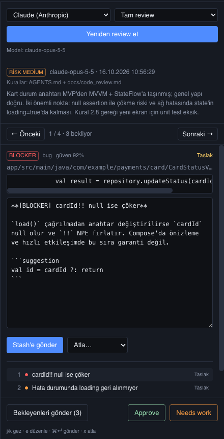 Düzenlenebilir AI yorum taslağı ve gönderme düğmeleri